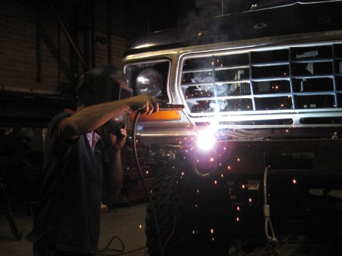 1978 Ford Bronco - Welding repairs are underway on the front grille of a 1978 Ford Bronco.