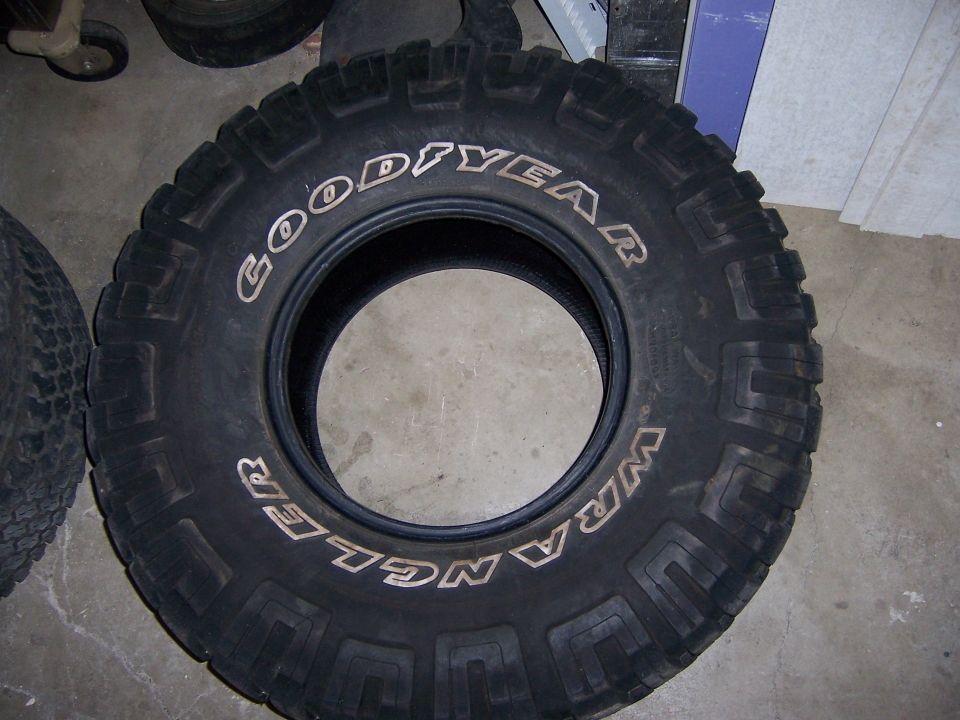 Close-up of a Goodyear Wrangler tire with white lettering