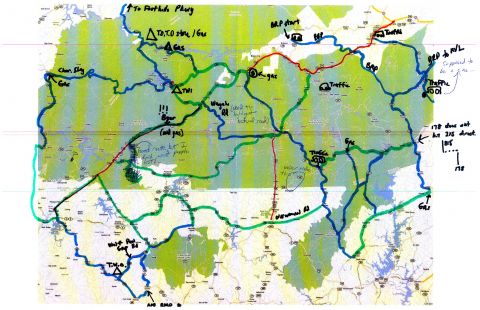 1985 Ford LTD Crown Victoria - Photograph of a hand-marked motorcycle route map, not a vehicle technical document.