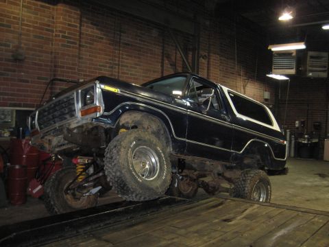 1978 Ford Bronco - This 1978 Ford Bronco is shown on a lift in what appears to be a garage or workshop.
