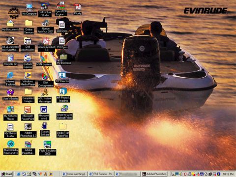 1989 Ford F-150 - A boat with an Evinrude outboard motor speeds across the water at sunset, with a computer desktop overlay.