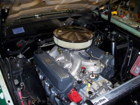 1971 Ford Ranchero - Detailed view of a V8 engine, a chrome air cleaner and an MSD ignition box, likely from a custom build.