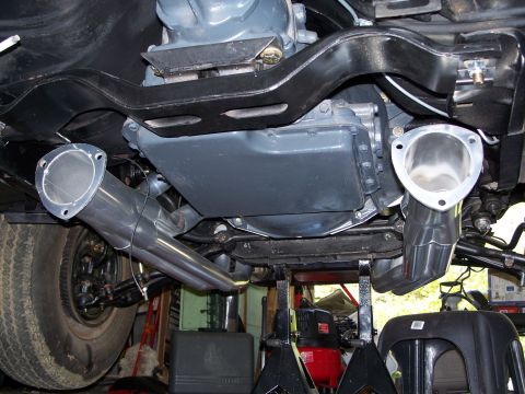 1971 Ford Ranchero - Underside view shows the vehicle's transmission and custom dual exhaust system.