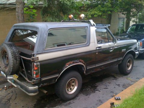 1988 Ford Bronco - This 1988 Ford Bronco has a spare tire mounted on the rear and some rust damage.