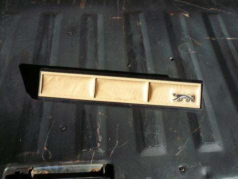 1975 Ford Ranchero - A close-up of a vehicle's interior trim piece a jaguar emblem is shown against a dark, textured background.