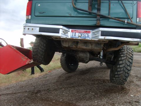 1989 Ford Bronco - Rear view of a 1989 Ford Bronco, showing its off-road modifications and Idaho license plate.