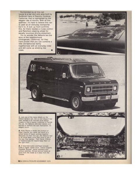 1977 Ford E250 - This customized Ford van features extensive interior and exterior modifications, including custom lettering and a sunroof.