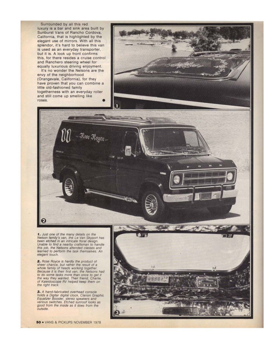 Black Ford van, 3/4 front view, custom "Rose Royce" lettering on side, aftermarket wheels, sun roof