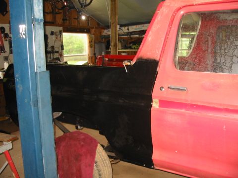 1978 Ford Bronco - Stage 6 After a lot of cussing the removal of 100s of spotwelds, the new rear quarter was installed. this was a 2 person task and thankfull…
