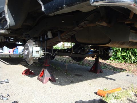 1989 Ford Bronco - Underbody view of a vehicle's rear axle and suspension system, supported by jack stands, with brake components visible.