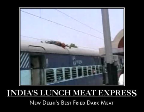 1990 Ford Bronco - A person is seen lying on the roof of a train car, with the text 'INDIA'S LUNCH MEAT EXPRESS' below.