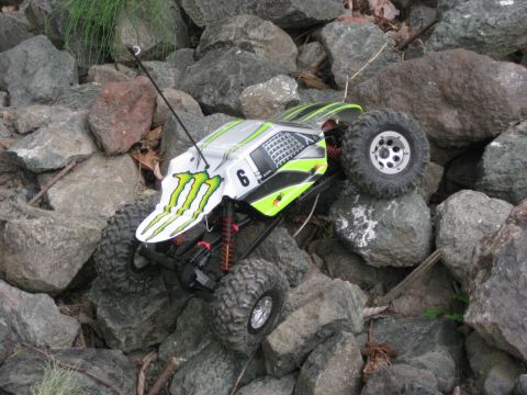 2010 Ford Pickup - This remote control rock crawler, adorned with Monster Energy graphics, tackles a rocky terrain.