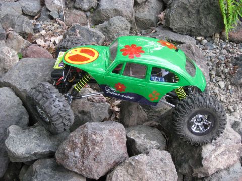 2010 Ford Pickup - This RC rock crawler has a custom paint job with flowers and a peace sign.