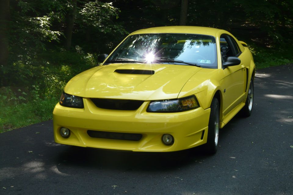 Yellow 2002 Ford Mustang parked on asphalt with trees in background