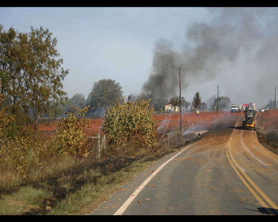 Train moving through a rural landscape with trees and a road