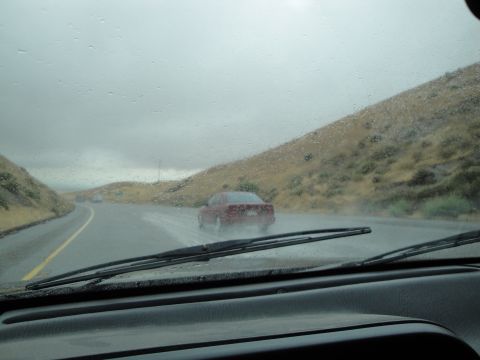 1990 Ford Taurus - A red sedan is seen from the perspective of another vehicle driving on a wet road during a rainstorm.