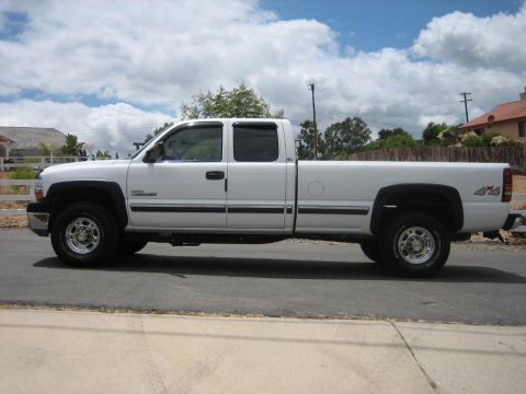 1979 Chevrolet C/K Pickup - This white pickup truck is seen from the side, parked on a street with a cloudy sky overhead.