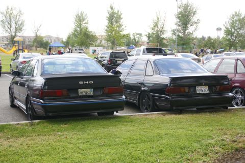 1990 Ford Taurus - Two black sedans are parked on grass, one with a 'SHO' badge visible.