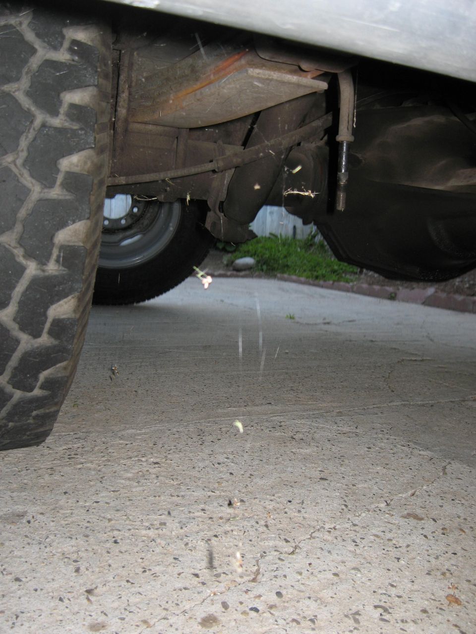 Close-up of a vehicle's rear tire and undercarriage, showing suspension components and a fuel tank