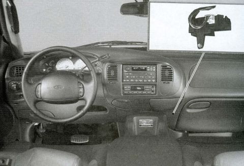 2007 Ford Mustang - A black-and-white reference image of a Ford truck/SUV dashboard interior, showing the Ford-badged steering wheel, gauge cluster, and center…