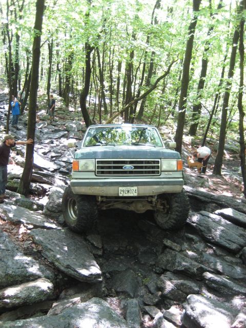 1991 Ford Bronco - A Ford Bronco tackles a challenging off-road course in a wooded area.