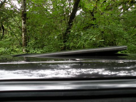 1998 Subaru Legacy - The roof rack is angled, with reflections on the car's dark surface. Trees form the background.