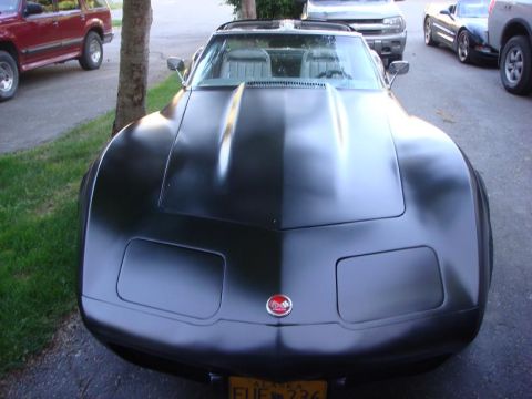 1975 Chevrolet Corvette - Matte black 1975 Chevrolet Corvette with a prominent hood scoop parked outdoors.