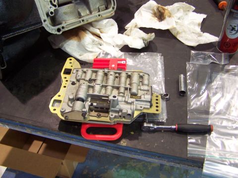 1973 Ford Ranchero - this is the valve body; I've installed a B&M shift Improver kit, p/n 40262, stage 2; now the valve body will be re-installed.