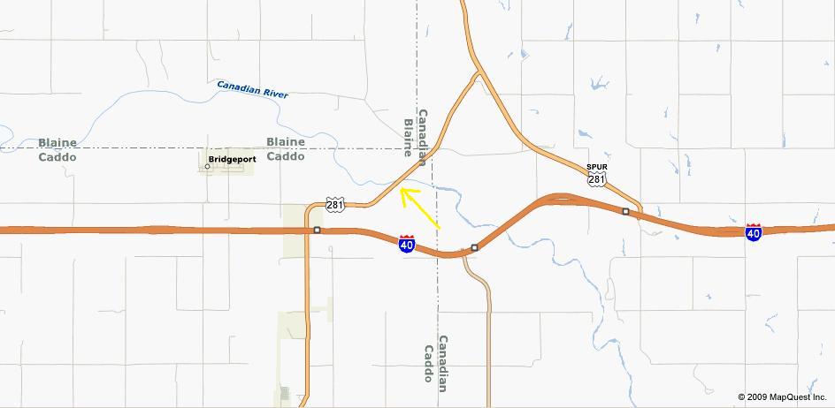 Map showing Canadian River, Blaine Caddo, Bridgeport, and highways 40 and 281