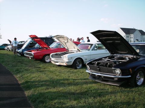 1970 Ford Mustang - A line of classic cars, including a black 1970 Ford Mustang, are displayed with their hoods open at an outdoor event.