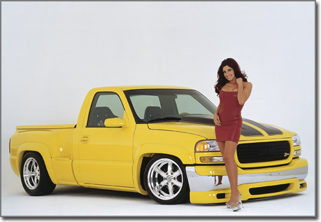 1991 Ford Crown Victoria - A yellow pickup truck is shown with a woman posing next to it against a white background.
