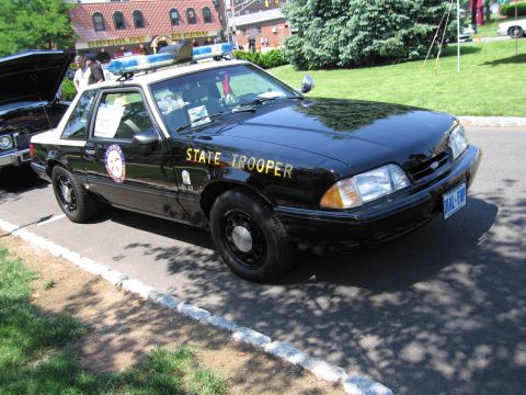 1991 Ford LTD Crown Victoria - black Ford Mustang coupe lettered STATE TROOPER with a roof lightbar and circular door emblem parked at an outdoor show.