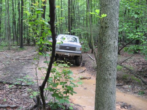 1991 Ford Bronco - A Ford truck navigates a muddy path surrounded by dense forest trees.