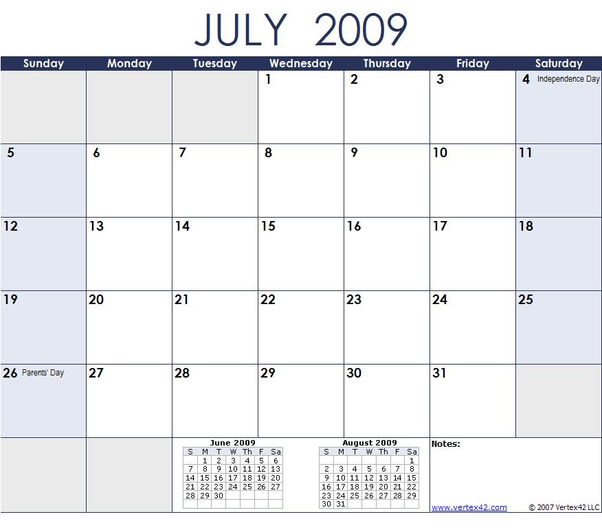 July 2009 calendar page with small June and August calendars below