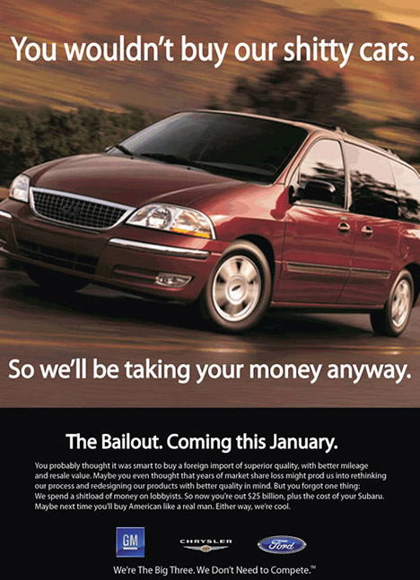 1991 Ford Bronco - Advertisement with a red minivan and text about the auto industry bailout.