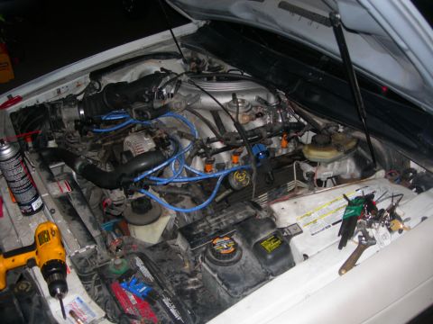 1984 Ford Bronco - Tools and a spray can are laid out next to the engine of a white vehicle.
