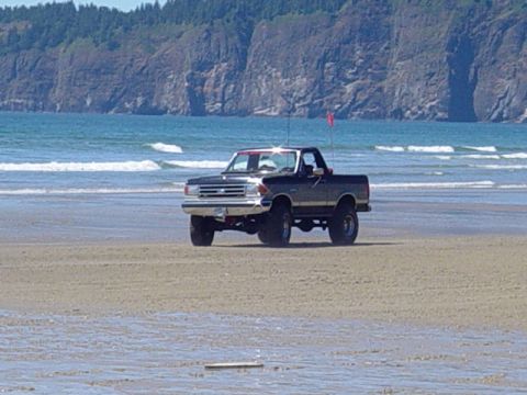 1989 Ford Bronco - A lifted black 1987 Ford F-150 pickup truck is parked on a beach, with the ocean and cliffs in the background.