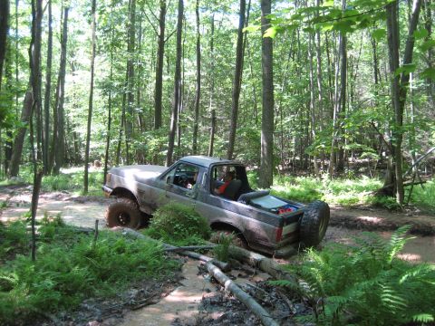 1991 Ford Bronco - This 1991 Ford Bronco is navigating a muddy trail through a dense forest.