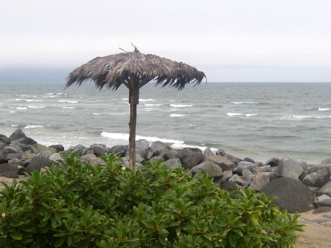 1996 Ford Bronco - A weathered thatched umbrella stands on a rocky shoreline under an overcast sky.