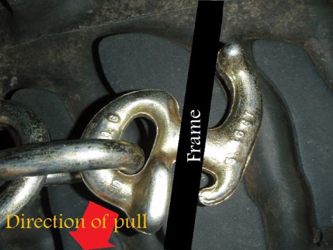 1995 Ford Bronco - This image shows a tow hook and chain assembly, with text indicating the direction of pull and a frame.