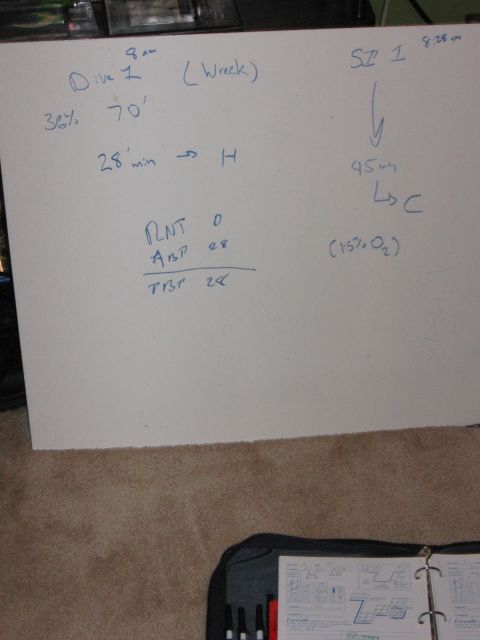 2001 Ford F-150 - A whiteboard displays dive planning notes including dive times, depths, and gas mixtures.