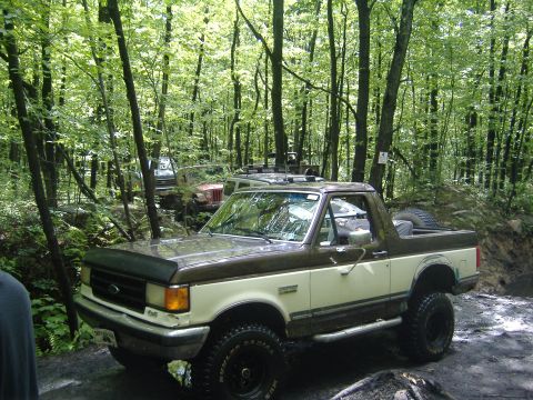 1988 Ford Bronco - A two-tone Ford Bronco navigates a wooded trail with other off-road vehicles in the background.