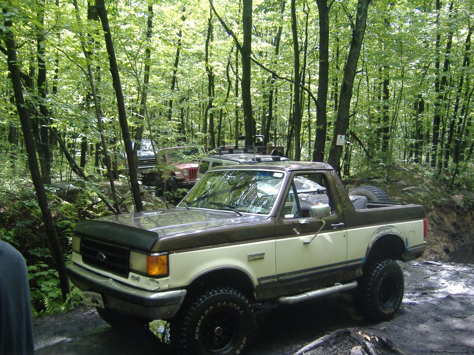 Two-tone brown and cream Ford Bronco with off-road tires, parked in a wooded area