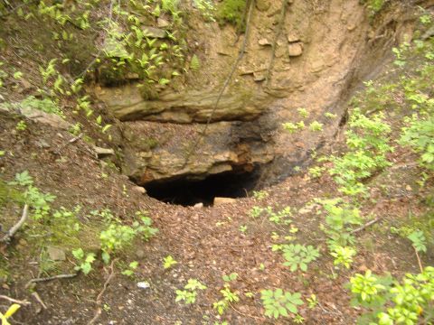 1988 Ford Bronco - A dark cave opening is visible in a natural landscape with trees and rocks.
