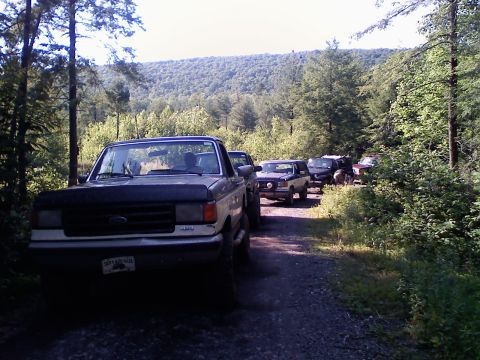 1988 Ford Bronco - A line of trucks and SUVs parked on a dirt road in a wooded area.