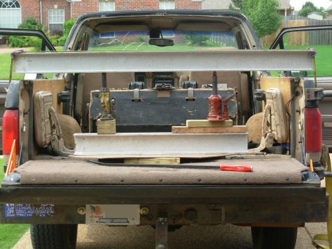 1983 Ford Bronco - After the explosion, I reset the cribbing & put a laminated wood board under the short beam to allow more bending in the crossmember. The o…