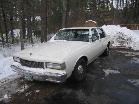 2001 Ford Crown Victoria - A white sedan sits in a driveway partially covered in snow, with a large pile of snow to its right.