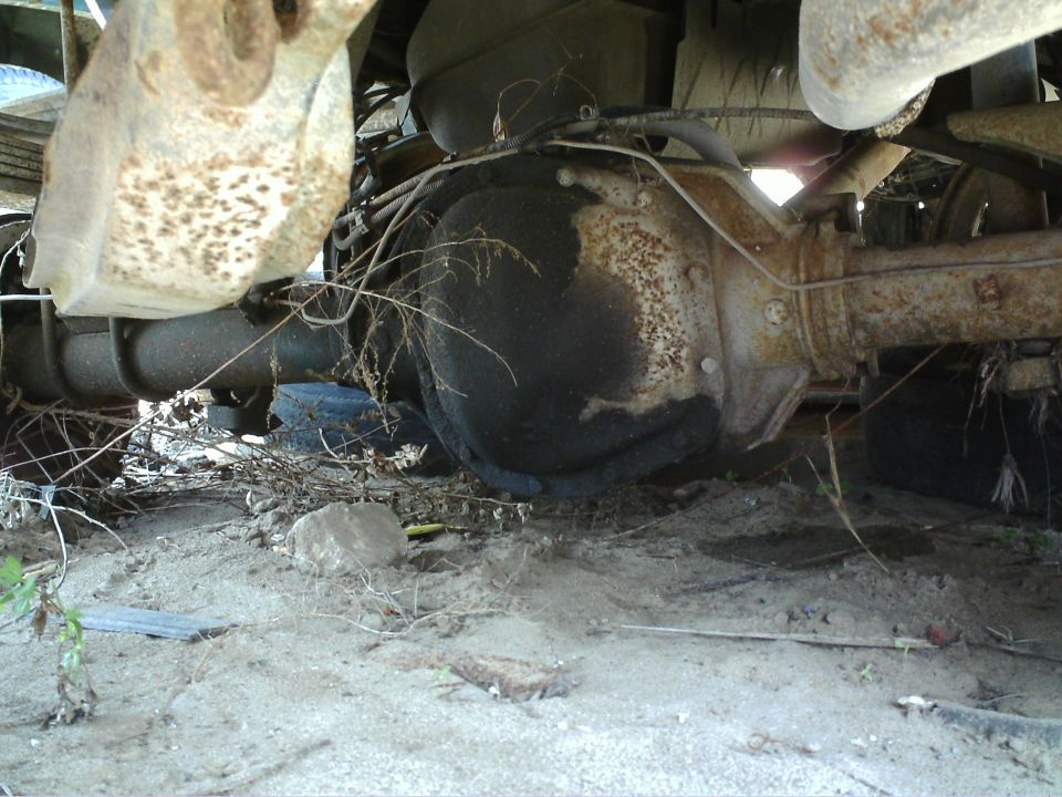 Rear axle assembly with rust and oil stains, leaf springs, and exhaust pipe. Overgrown with weeds and debris