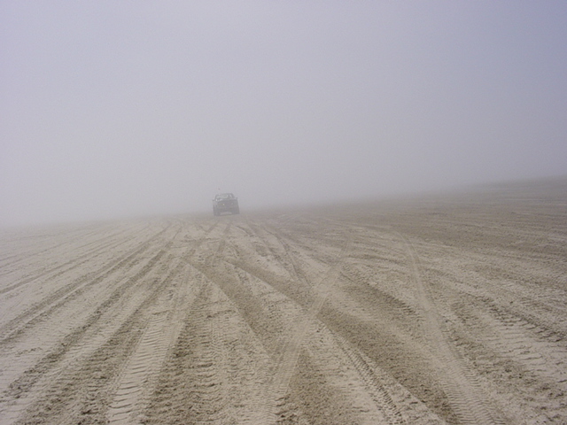 Dark 4x4 silhouetted in heavy fog on a tire-rutted beach
