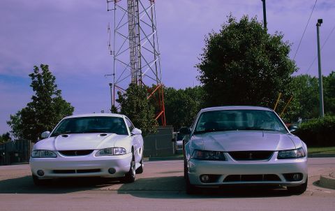 1998 Ford Taurus - Two Ford Mustangs are parked in front of a cell tower on a sunny day.
